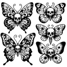 four different butterflies with skulls and flowers on their wings, one is black and white