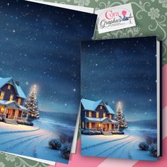 two christmas cards with a house in the snow