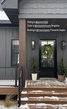 the front door of a house with snow on the ground and steps leading up to it