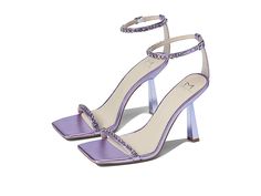 Marc Fisher LTD Karima - Women's Shoes : Light Purple : Step out in style and confidence for any occasion with the Marc Fisher LTD Karima heels. Strap on top of foot and around ankle. Slide on style with single prong buckle closure on ankle strap. Square toe silhouette. Leather uppers. Rhinestone detailing on straps. Man-made linings, insoles, and outsoles. Stiletto silhouette heels. Imported. Measurements: Heel Height: 4 in Weight: 8 oz Product measurements were taken using size 9, width M. Ple Lavender Heels, Purple High Heels, Dr Shoes, Purple Heels, Sparkly Heels, Prom Heels, Strappy High Heels, Purple Shoes, Prom Shoes