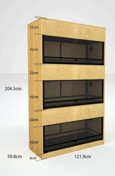 three wooden shelves are shown with measurements for each shelf in the same size and width