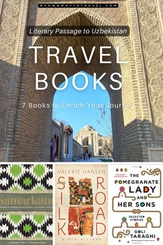 the front cover of travel books with an arch in the background and text that reads, library passage to uzbekistan