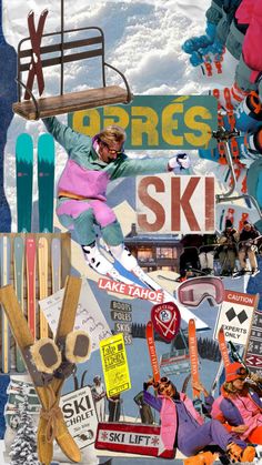 collage of skiers, snowboards and ski equipment