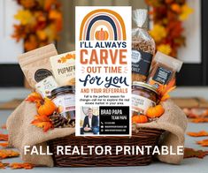 the fall realtor printable is displayed in front of a basket filled with food