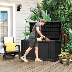 This deck box can blend into any yard or patio to store patio furniture cushions, outdoor toys, gardening tools, pool accessories, etc. Patio Cushion Storage, Patio Storage Bench, Outdoor Garden Storage, Outdoor Storage Solutions, Deck Storage, Cushion Storage, Patio Storage, Deck Box Storage, Patio Furniture Cushions