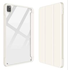 the back and side view of an ipad case, with white plastic material on it