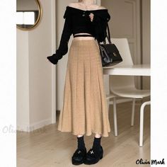 Olivia Mark - Knitted Elastic- Waist Midi Skirt with Flared Hem and Full Body for a Comfortable and Chic Look Knitted Midi Skirt, Skirt With Elastic Waistband, Knitted Skirt, Leather Pleated Skirt, Umbrella Skirt, Skirts Midi High Waisted, Knit Midi Skirt, Pleated Maxi Skirt, Satin Midi Skirt