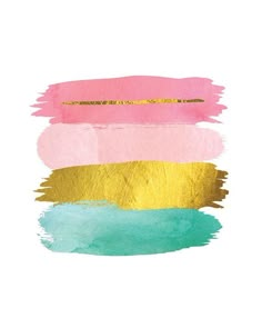 three different colored paint strokes with gold and pink on the top one is green, yellow, and blue