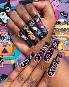 Nail Tech (＾Ｏ＾☆♪)💕✨ on Instagram: “👻🎃Sanrio Halloween Nails!!!🎃👻 I don’t know which hand took longer 😳😳🤣 This is the first time I’ve tried drawing with my non dominant hand…” 90s Cartoon Nails, Nail Inspo Baddie, Cartoon Nails Acrylic, 90s Cartoon Nails Acrylic, Halloween Nails Inspo, Sanrio Halloween, Brown Nail Art, Gold Acrylic Nails, Brown Nails Design