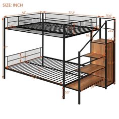 a metal bunk bed with stairs next to it and measurements for the bottom level below