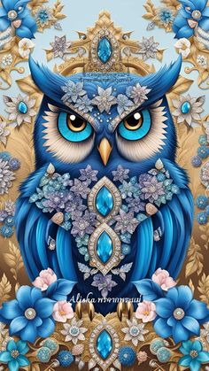 an owl with blue eyes is surrounded by flowers and leaves, while the background has gold trimmings