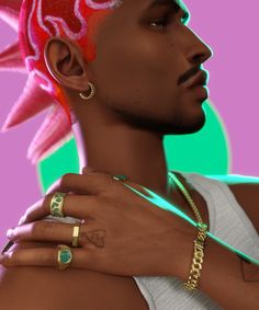 a man with pink hair wearing two rings and a ring on his neck, standing in front of a colorful background