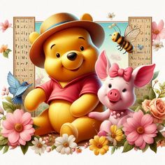 winnie the pooh and piglet are sitting next to each other in front of flowers