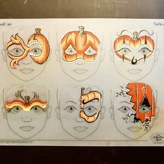 Halloween pumpkin 🎃 face painting practice board Halloween Face Painting Simple, Pumpkin Patch Face Painting, Simple Pumpkin Face Paint, Fall Themed Face Paint, Kids Face Painting Halloween, Pumpkin Face Paint For Kids, Fall Facepainting Ideas, Face Painting Booth Set Up, Fall Festival Face Painting Ideas