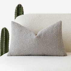 a close up of a pillow on a couch with a cactus in the back ground