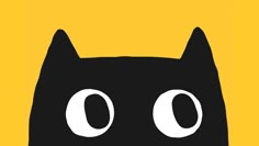 a black cat's face with two large eyes on a yellow background is shown