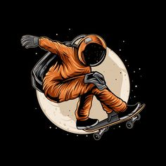 an astronaut riding a skateboard in front of the moon