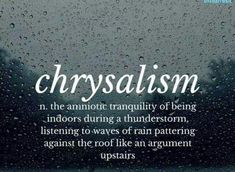 the words crysalism on a window with raindrops and trees in the background