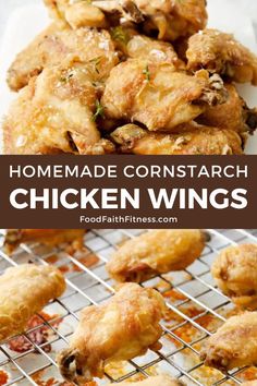 homemade cornstarch chicken wings on a cooling rack with text overlay that reads, homemade cornstarch chickens