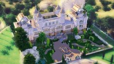 an artist's rendering of a large white mansion in the middle of a lush green park