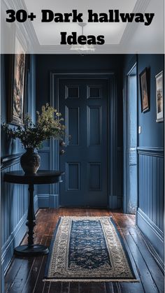 Opulent hallway with deep navy walls, an ornate mirror, and a patterned rug, combining dark colors and rich textures for an elegant feel. Narrow Dark Hallway, Blue Hallways, Dark Blue Hallway Ideas, Navy Entryway, Dramatic Entryway, Navy Hallway Ideas, Dark Academia Hallway, Hallway Colors, Hallway Decorating Ideas