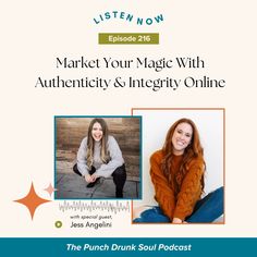 a woman sitting on the floor in front of a white background with text that reads market your magic with authenticity and integity online