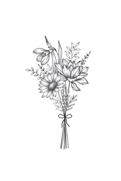 black and white drawing of flowers in a vase