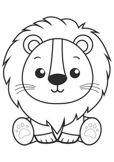 a cartoon lion sitting down with its paws on the ground and eyes open, coloring pages for