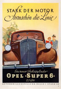 an old car advertisement with people in it