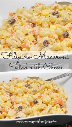 two pictures of macaroni salad with cheese and olives in a white dish