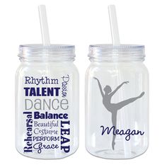 two personalized mason jars with the names of different dance styles and colors are shown