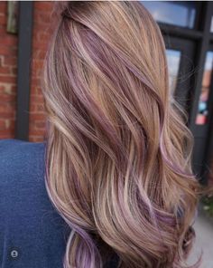 Purple Hair Color Ideas For Light Brown Hair, Light Purple Hair With Blonde, Light Brown Hair With Lilac Highlights, Rose Brown With Blonde Highlights, Subtle Colorful Hair Blonde, Blonde Mauve Hair, Blonde Balayage With Purple Highlights, Purple Hair With Light Brown, Strawberry Blonde Hair With Purple Highlights