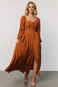 Maddalena Maxi Dress | Camel Square Neck Maxi Dress, Baltic Born, Ruched Bodice, Camel Color, Flowy Skirt, Cup Size, Square Neckline, Square Neck, Smocking