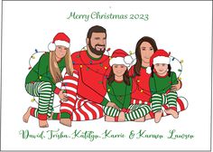 a family wearing christmas pajamas and santa hats, sitting on the ground with their arms around each other