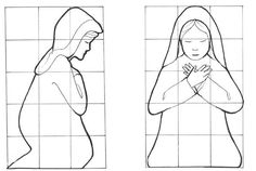 the three images show how to draw jesus and mary