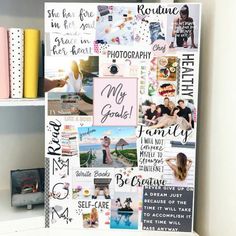 a white desk topped with lots of pictures and writing next to a bookshelf