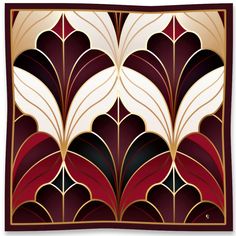 an art deco design with red, white and gold leaves on the back of it