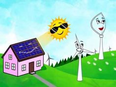 a cartoon house with solar panels on the roof and two people standing in front of it