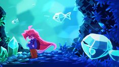 a cartoon character standing in the middle of an underwater scene with fish and rocks on either side