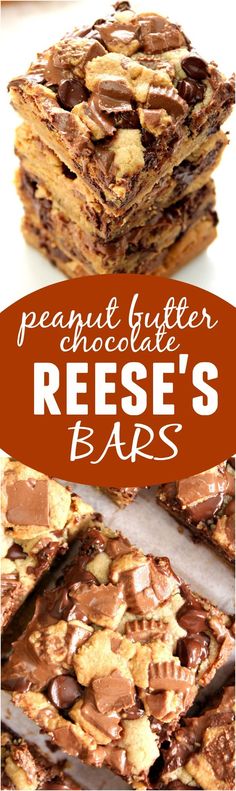 peanut butter chocolate reese's bars stacked on top of each other with the title text overlay