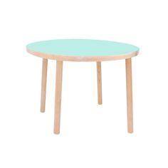 a round table with wooden legs and a light blue top, on a white background