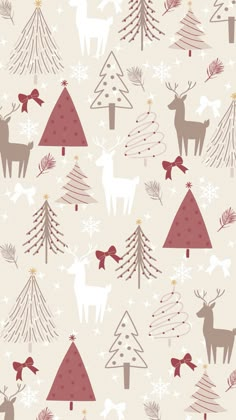 christmas trees and deers with bows are on a beige background that has snowflakes