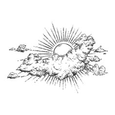 an ink drawing of the sun and clouds