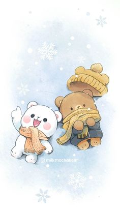 two teddy bears are sitting next to each other in the snow with hats and scarves on