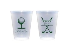 two plastic cups with different logos and designs on the sides, one has a golf ball in it