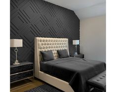 a modern bedroom with black and white decor