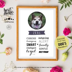 a dog's face is shown in the frame next to flowers and other items