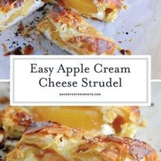 an easy apple cream cheese strudel is cut in half and stacked on top of each other