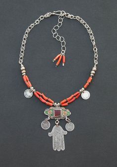 Berber coral and silver necklace with an antique enamel & glass Tiznit pendant - modern ethnic jewelry by Angela Lovett Designs Moroccan Necklace, Berber Jewelry, Calgary Canada, Modern Moroccan, Bohemian Jewelry