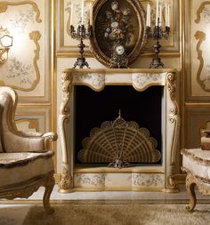 an ornately decorated fireplace in a living room